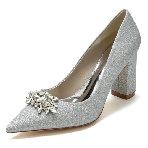 Gycdwjh 8.5cm Damen Pumps Spitz mit klobigen Fersen Glitzer Brautschuhe Slip On für Hochzeiten Partys formelle Veranstaltungen Schuhe mit Absatz,Silber,43 EU von Gycdwjh