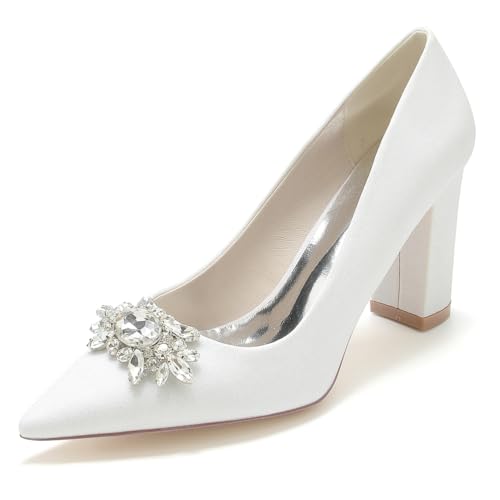 Gycdwjh 8.5cm Damen Pumps Spitz mit klobigen Fersen Glitzer Brautschuhe Slip On für Hochzeiten Partys formelle Veranstaltungen Schuhe mit Absatz,Weiß,40 EU von Gycdwjh