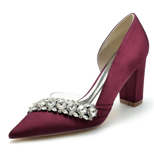 Gycdwjh 8.5cm Damen Pumps Spitz zulaufende Schuhe mit klobigen Fersen Satin Slip On Hochfrontpumps für Hochzeiten Partys formelle Veranstaltungen,Burgundy,37 EU von Gycdwjh
