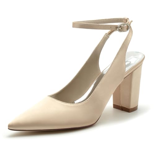 Gycdwjh 8.5cm Damen Satin Knöchelriemen Pumps Spitz Zulaufende Blockabsätzen Slingback Hochzeit Sandalen für Hochzeiten Partys formelle Veranstaltungen,Champagne,40 EU von Gycdwjh