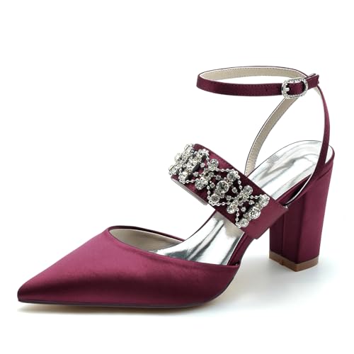 Gycdwjh 8.5cm Damen Slingback Knöchelriemen Hochzeit Schuhe Strass Satin Chunky Heels Spitze Zehen Brautschuhe Abend Prom Pumps,Burgundy,39 EU von Gycdwjh