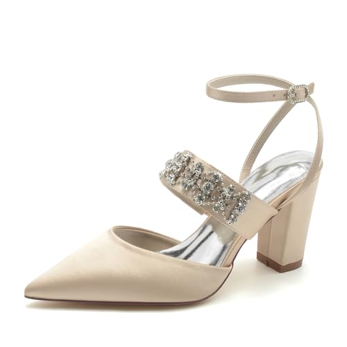 Gycdwjh 8.5cm Damen Slingback Knöchelriemen Hochzeit Schuhe Strass Satin Chunky Heels Spitze Zehen Brautschuhe Abend Prom Pumps,Champagne,35 EU von Gycdwjh