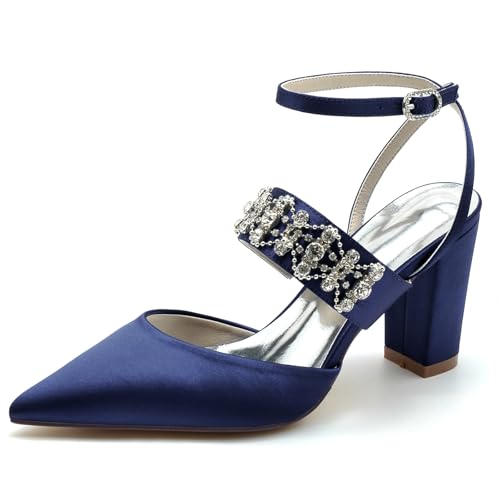 Gycdwjh 8.5cm Damen Slingback Knöchelriemen Hochzeit Schuhe Strass Satin Chunky Heels Spitze Zehen Brautschuhe Abend Prom Pumps,Dark Blue,42 EU von Gycdwjh