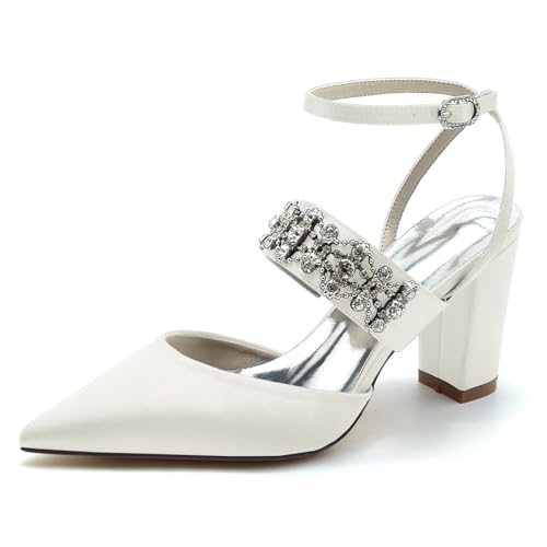Gycdwjh 8.5cm Damen Slingback Knöchelriemen Hochzeit Schuhe Strass Satin Chunky Heels Spitze Zehen Brautschuhe Abend Prom Pumps,Elfenbein,40 EU von Gycdwjh