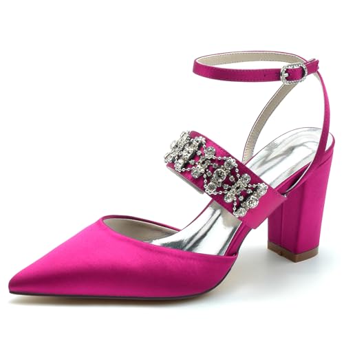 Gycdwjh 8.5cm Damen Slingback Knöchelriemen Hochzeit Schuhe Strass Satin Chunky Heels Spitze Zehen Brautschuhe Abend Prom Pumps,Rose red,39 EU von Gycdwjh