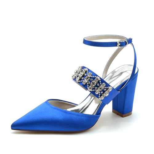 Gycdwjh 8.5cm Damen Slingback Knöchelriemen Hochzeit Schuhe Strass Satin Chunky Heels Spitze Zehen Brautschuhe Abend Prom Pumps,Royal Blue,39 EU von Gycdwjh