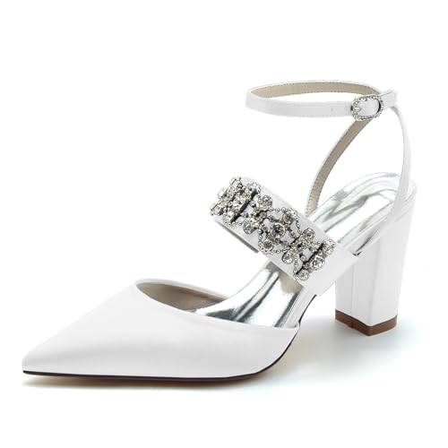 Gycdwjh 8.5cm Damen Slingback Knöchelriemen Hochzeit Schuhe Strass Satin Chunky Heels Spitze Zehen Brautschuhe Abend Prom Pumps,Weiß,37 EU von Gycdwjh