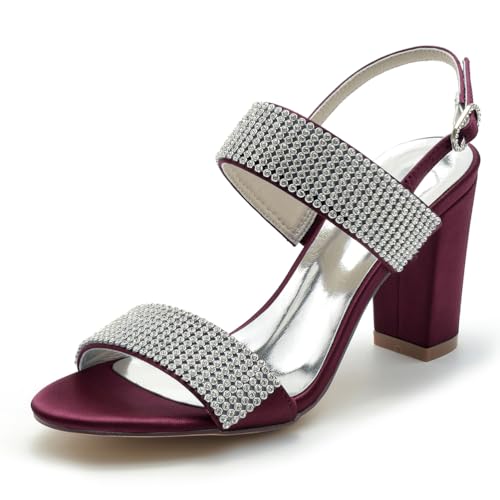 Gycdwjh 8.5cm Elegante Open Top Sandalen mit Strass Slingback Hohen Absätzen 8.5cm Blockabsätzen Satin Party Tanz Abschlussball Kleid Schuhe,Burgundy,38 EU von Gycdwjh