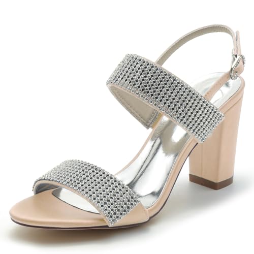 Gycdwjh 8.5cm Elegante Open Top Sandalen mit Strass Slingback Hohen Absätzen 8.5cm Blockabsätzen Satin Party Tanz Abschlussball Kleid Schuhe,Champagne,38 EU von Gycdwjh