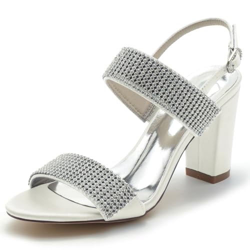 Gycdwjh 8.5cm Elegante Open Top Sandalen mit Strass Slingback Hohen Absätzen 8.5cm Blockabsätzen Satin Party Tanz Abschlussball Kleid Schuhe,Elfenbein,37 EU von Gycdwjh