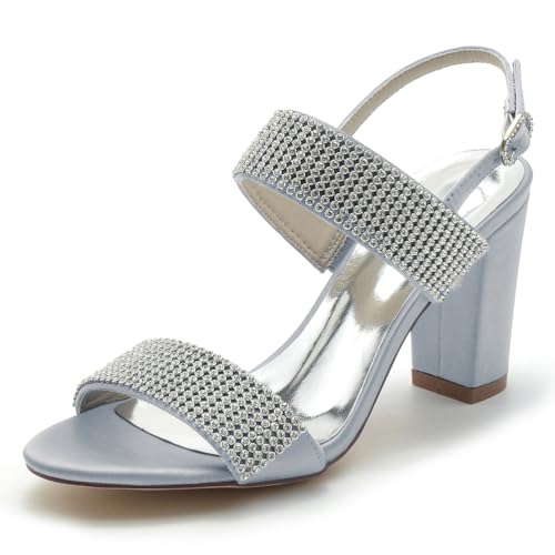 Gycdwjh 8.5cm Elegante Open Top Sandalen mit Strass Slingback Hohen Absätzen 8.5cm Blockabsätzen Satin Party Tanz Abschlussball Kleid Schuhe,Silber,41 EU von Gycdwjh