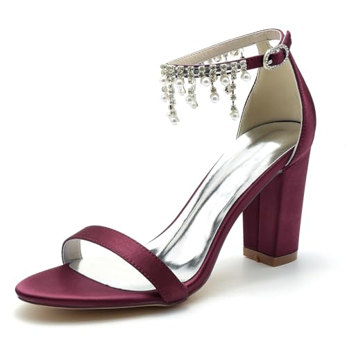 Gycdwjh 8.5cm Frauen Block Heel Braut Pumps mit Fußkette mit Perlen und Strass Open Toe Satin Hochzeitskleid Schuhe Heeled Prom Party Sandalen Für Hochzeit Abend,Burgundy,39 EU von Gycdwjh