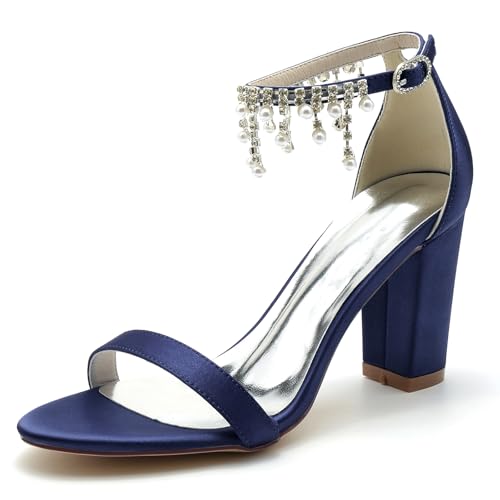 Gycdwjh 8.5cm Frauen Block Heel Braut Pumps mit Fußkette mit Perlen und Strass Open Toe Satin Hochzeitskleid Schuhe Heeled Prom Party Sandalen Für Hochzeit Abend,Dark Blue,41 EU von Gycdwjh
