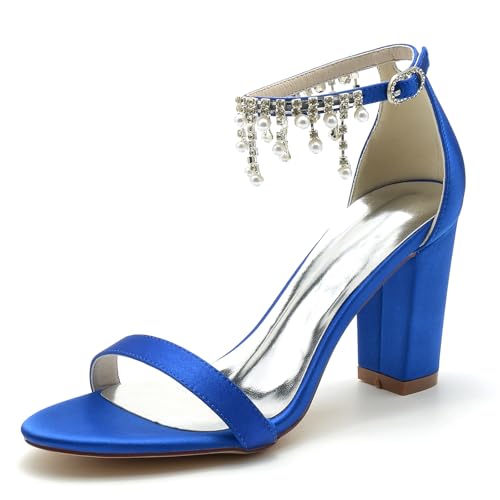 Gycdwjh 8.5cm Frauen Block Heel Braut Pumps mit Fußkette mit Perlen und Strass Open Toe Satin Hochzeitskleid Schuhe Heeled Prom Party Sandalen Für Hochzeit Abend,Royal Blue,42 EU von Gycdwjh