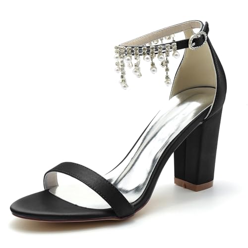Gycdwjh 8.5cm Frauen Block Heel Braut Pumps mit Fußkette mit Perlen und Strass Open Toe Satin Hochzeitskleid Schuhe Heeled Prom Party Sandalen Für Hochzeit Abend,Schwarz,41 EU von Gycdwjh