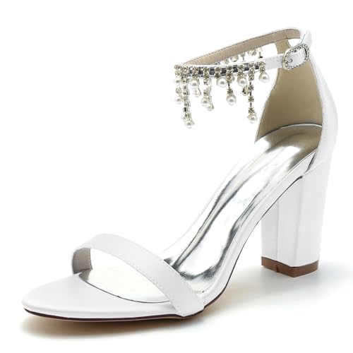 Gycdwjh 8.5cm Frauen Block Heel Braut Pumps mit Fußkette mit Perlen und Strass Open Toe Satin Hochzeitskleid Schuhe Heeled Prom Party Sandalen Für Hochzeit Abend,Weiß,40 EU von Gycdwjh