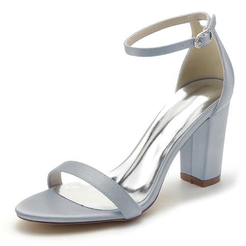 Gycdwjh 8.5cm Frauen Block Heel Knöchelriemen Braut Pumps Open Toe Satin Hochzeitskleid Schuhe Heeled Prom Party Sandalen Für Hochzeit Abend,Silber,42 EU von Gycdwjh