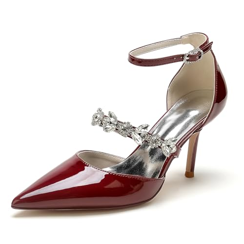Gycdwjh 8.5cm Geschlossene Zehe Brautschuhe Mittlerer Absatz patent Leather Strasssteine Riemchenkleid Party Pumps Schuhe,Burgundy,42 EU von Gycdwjh