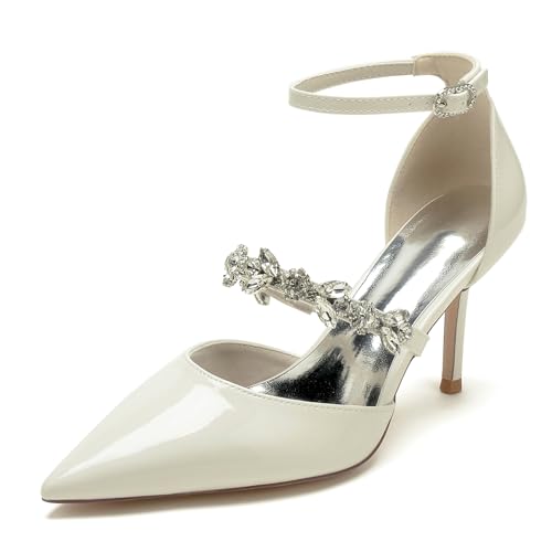 Gycdwjh 8.5cm Geschlossene Zehe Brautschuhe Mittlerer Absatz patent Leather Strasssteine Riemchenkleid Party Pumps Schuhe,Off White,39 EU von Gycdwjh