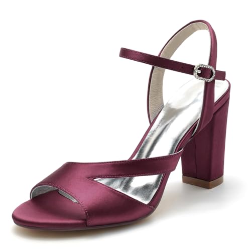 Gycdwjh 8.5cm Hochzeitsschuhe Damen Braut High Heels Chunky Blockabsatz Satin Slingback Pumps Offener Spitze Knöchelriemen Sommer-Hochhackige Sandalen,Burgundy,39 EU von Gycdwjh