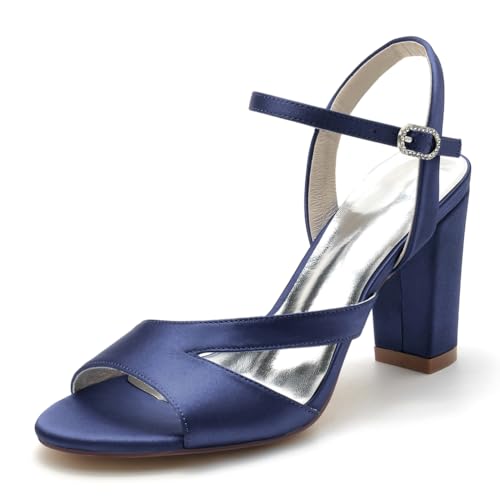 Gycdwjh 8.5cm Hochzeitsschuhe Damen Braut High Heels Chunky Blockabsatz Satin Slingback Pumps Offener Spitze Knöchelriemen Sommer-Hochhackige Sandalen,Dark Blue,38 EU von Gycdwjh