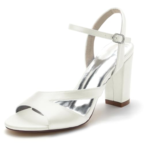 Gycdwjh 8.5cm Hochzeitsschuhe Damen Braut High Heels Chunky Blockabsatz Satin Slingback Pumps Offener Spitze Knöchelriemen Sommer-Hochhackige Sandalen,Elfenbein,36 EU von Gycdwjh