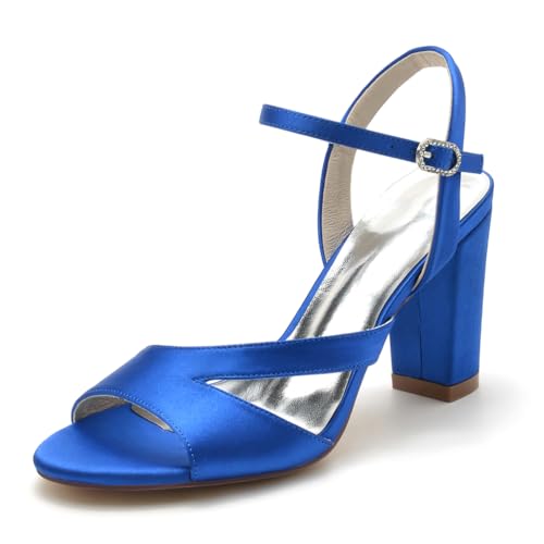 Gycdwjh 8.5cm Hochzeitsschuhe Damen Braut High Heels Chunky Blockabsatz Satin Slingback Pumps Offener Spitze Knöchelriemen Sommer-Hochhackige Sandalen,Royal Blue,40 EU von Gycdwjh