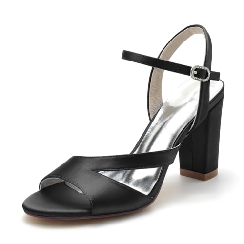 Gycdwjh 8.5cm Hochzeitsschuhe Damen Braut High Heels Chunky Blockabsatz Satin Slingback Pumps Offener Spitze Knöchelriemen Sommer-Hochhackige Sandalen,Schwarz,39 EU von Gycdwjh