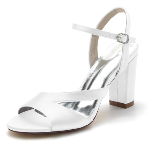 Gycdwjh 8.5cm Hochzeitsschuhe Damen Braut High Heels Chunky Blockabsatz Satin Slingback Pumps Offener Spitze Knöchelriemen Sommer-Hochhackige Sandalen,Weiß,41 EU von Gycdwjh