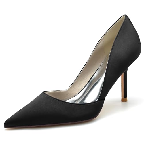 Gycdwjh 8.5cm Klassisch Satin Spitze Zehe Hochzeit Pumps Schuhe Braut Stiletto Slip On Formelle Abend Abschlussball Party Kleid Schuhe,Schwarz,42 EU von Gycdwjh