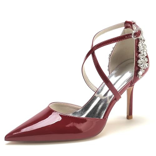 Gycdwjh 8.5cm Modisch Strasssteine Damen Geschlossene Zehe Brautschuhe Patent Leather mit Kreuz Knöchelriemen Party Pumps Schuhe,Burgundy,41 EU von Gycdwjh