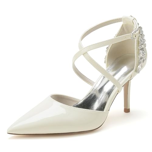 Gycdwjh 8.5cm Modisch Strasssteine Damen Geschlossene Zehe Brautschuhe Patent Leather mit Kreuz Knöchelriemen Party Pumps Schuhe,Off White,41 EU von Gycdwjh