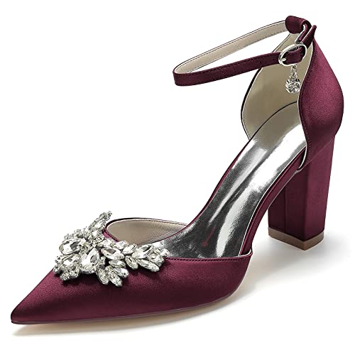 Gycdwjh 8.5cm Pumps für Damen Strasssteinen Brautschuhe Blockabsatz mit Kreuz Knöchelriemen wie Satin Spitze Zehen Sandaletten,Burgundy,38 EU von Gycdwjh