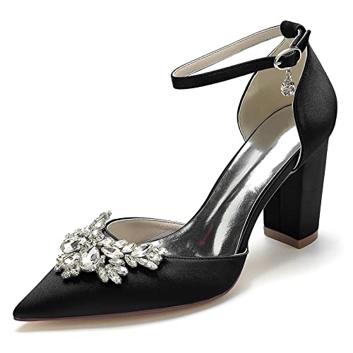 Gycdwjh 8.5cm Pumps für Damen Strasssteinen Brautschuhe Blockabsatz mit Kreuz Knöchelriemen wie Satin Spitze Zehen Sandaletten,Schwarz,39 EU von Gycdwjh