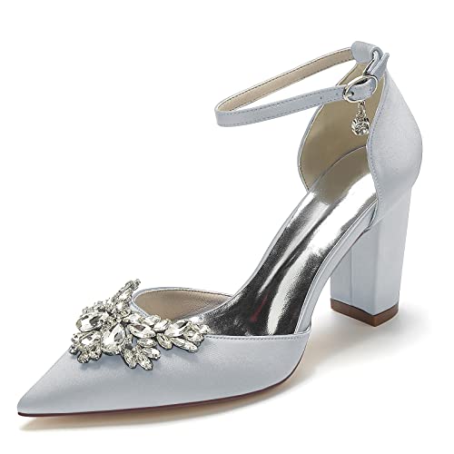 Gycdwjh 8.5cm Pumps für Damen Strasssteinen Brautschuhe Blockabsatz mit Kreuz Knöchelriemen wie Satin Spitze Zehen Sandaletten,Silber,38 EU von Gycdwjh
