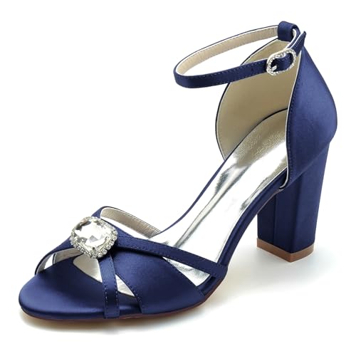 Gycdwjh 8.5cm Satin Hochzeitsschuhe Für Braut Sandalen Blockabsatz High Heel Für Hochzeit Abend mit Sommer-Fußkette mit Strass Pointed Toe Pumps,Dark Blue,39 EU von Gycdwjh