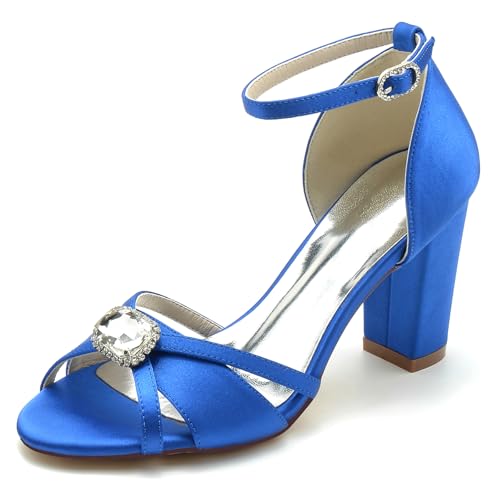 Gycdwjh 8.5cm Satin Hochzeitsschuhe Für Braut Sandalen Blockabsatz High Heel Für Hochzeit Abend mit Sommer-Fußkette mit Strass Pointed Toe Pumps,Royal Blue,38 EU von Gycdwjh