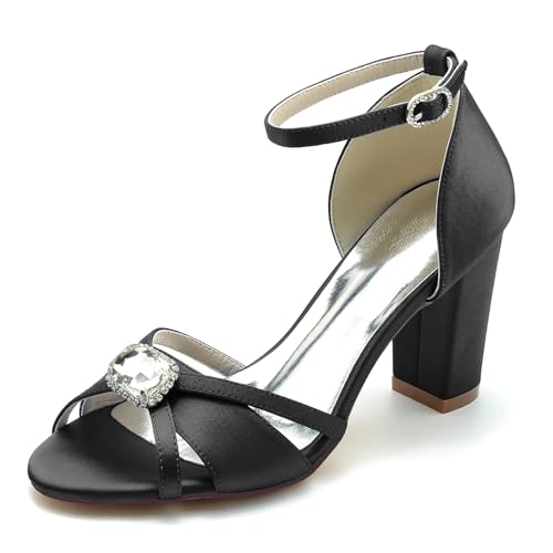 Gycdwjh 8.5cm Satin Hochzeitsschuhe Für Braut Sandalen Blockabsatz High Heel Für Hochzeit Abend mit Sommer-Fußkette mit Strass Pointed Toe Pumps,Schwarz,42 EU von Gycdwjh