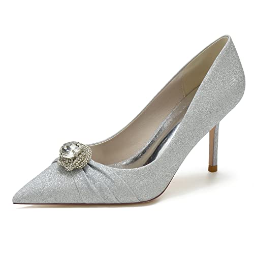 Gycdwjh 8.5cm Spitze Zehe Hochzeit Schuhe Braut Stiletto Slip On Formelle Abend Abschlussball Party Kleid Schuhe Pumps,Silber,39 EU von Gycdwjh