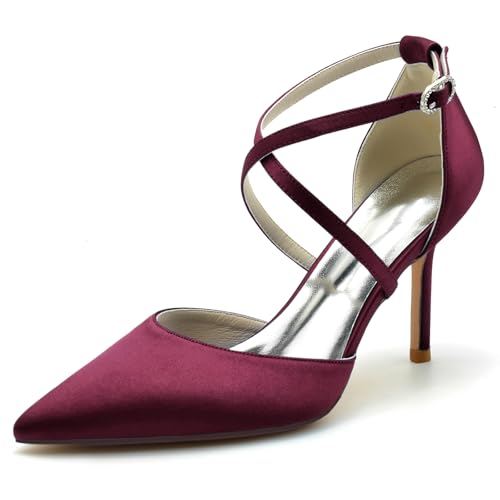 Gycdwjh 8.5cm Stöckelschuhe Damen High Heels mit Kreuz Knöchelriemen Ketten Spitze Zehen Abend Schuhe für Hochzeit Party Bankett roten Teppich,Burgundy,38 EU von Gycdwjh