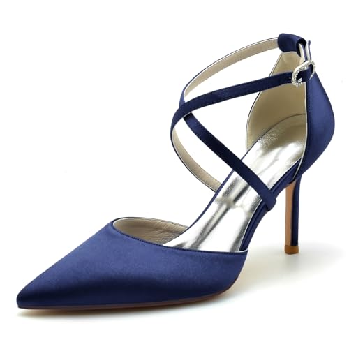 Gycdwjh 8.5cm Stöckelschuhe Damen High Heels mit Kreuz Knöchelriemen Ketten Spitze Zehen Abend Schuhe für Hochzeit Party Bankett roten Teppich,Dark Blue,42 EU von Gycdwjh