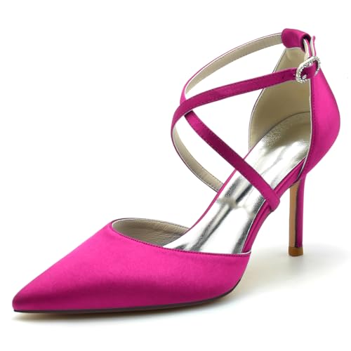 Gycdwjh 8.5cm Stöckelschuhe Damen High Heels mit Kreuz Knöchelriemen Ketten Spitze Zehen Abend Schuhe für Hochzeit Party Bankett roten Teppich,Rose red,39 EU von Gycdwjh