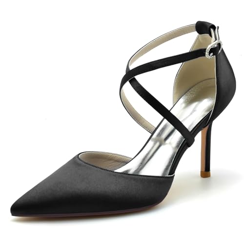 Gycdwjh 8.5cm Stöckelschuhe Damen High Heels mit Kreuz Knöchelriemen Ketten Spitze Zehen Abend Schuhe für Hochzeit Party Bankett roten Teppich,Schwarz,42 EU von Gycdwjh