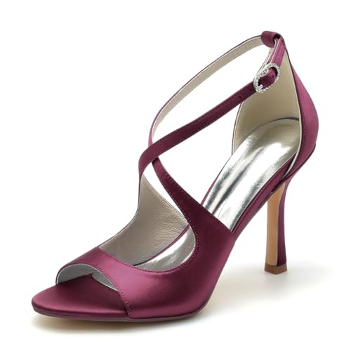 Gycdwjh 9.5cm Mode Damen Sandalen mit Absatz Offene Spitze Brautschuhe Satin Stiletto High Heel mit Kreuz Knöchelriemen Brautkleid Schuhe,Burgundy,39 EU von Gycdwjh