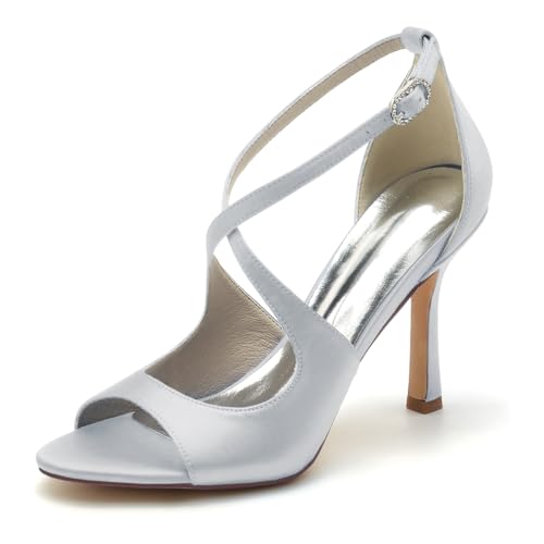 Gycdwjh 9.5cm Mode Damen Sandalen mit Absatz Offene Spitze Brautschuhe Satin Stiletto High Heel mit Kreuz Knöchelriemen Brautkleid Schuhe,Silber,39 EU von Gycdwjh