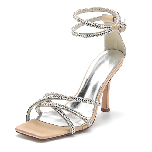 Gycdwjh 9.5cm Sommerschuhe Offene Zehen Hochzeit Brautschuhe Quadratischer Zehenpartie Damen Strass Knöchelriemen Sandalen Stiletto High Absatz Heel,Champagne,42 EU von Gycdwjh