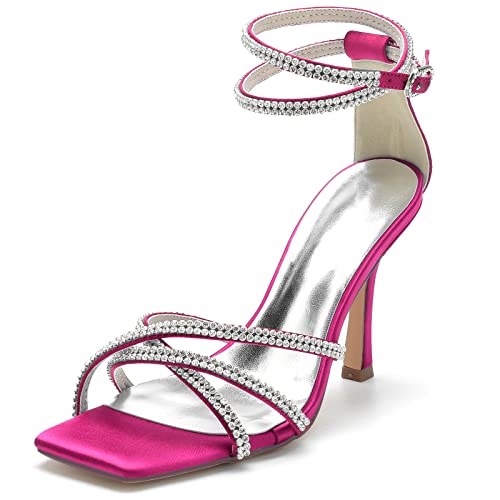 Gycdwjh 9.5cm Sommerschuhe Offene Zehen Hochzeit Brautschuhe Quadratischer Zehenpartie Damen Strass Knöchelriemen Sandalen Stiletto High Absatz Heel,Rose red,41 EU von Gycdwjh
