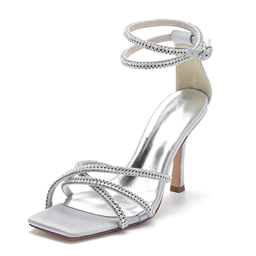 Gycdwjh 9.5cm Sommerschuhe Offene Zehen Hochzeit Brautschuhe Quadratischer Zehenpartie Damen Strass Knöchelriemen Sandalen Stiletto High Absatz Heel,Silber,40 EU von Gycdwjh