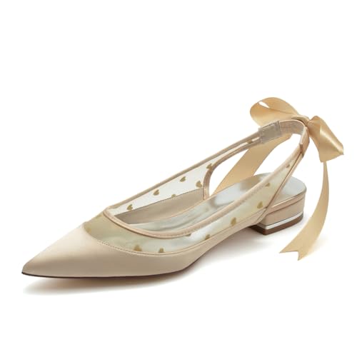 Gycdwjh Abend Damen Flache Schuhe Slip-on Satin Slingback Brautschuhe Spitz Hochzeits Flacheschuhe mit Schleif Sandalen,Champagne,39 EU von Gycdwjh