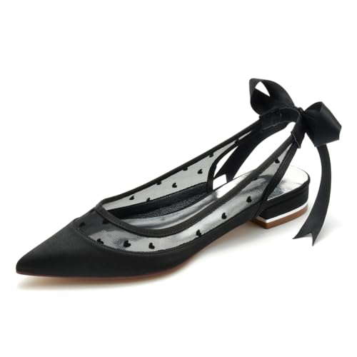 Gycdwjh Abend Damen Flache Schuhe Slip-on Satin Slingback Brautschuhe Spitz Hochzeits Flacheschuhe mit Schleif Sandalen,Schwarz,43 EU von Gycdwjh